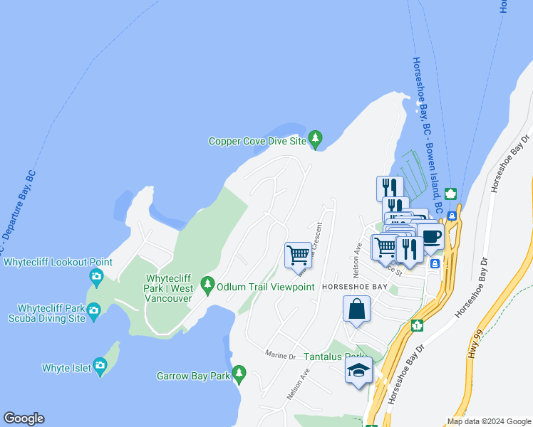 map of restaurants, bars, coffee shops, grocery stores, and more near 6925 Marine Drive in West Vancouver