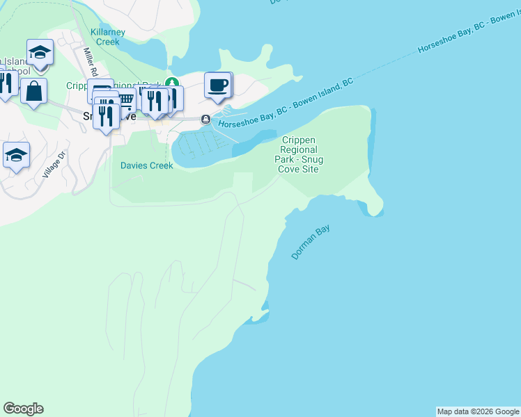 map of restaurants, bars, coffee shops, grocery stores, and more near 341 Robinson Road in Bowen Island