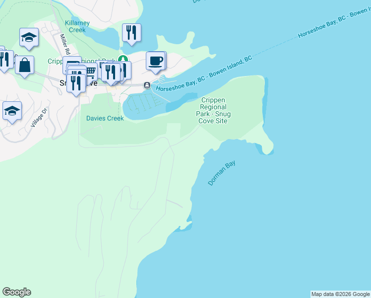 map of restaurants, bars, coffee shops, grocery stores, and more near 700-998 Hummingbird Ln in Bowen Island