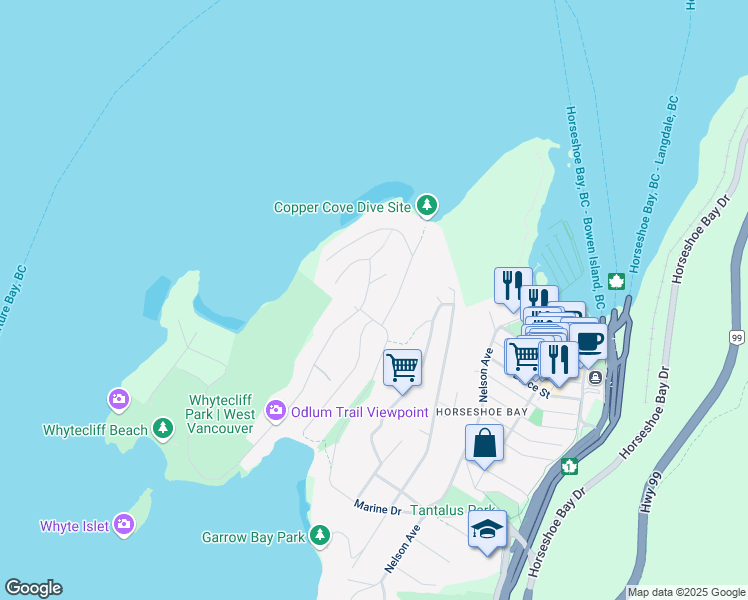 map of restaurants, bars, coffee shops, grocery stores, and more near 6820 Hycroft Road in West Vancouver
