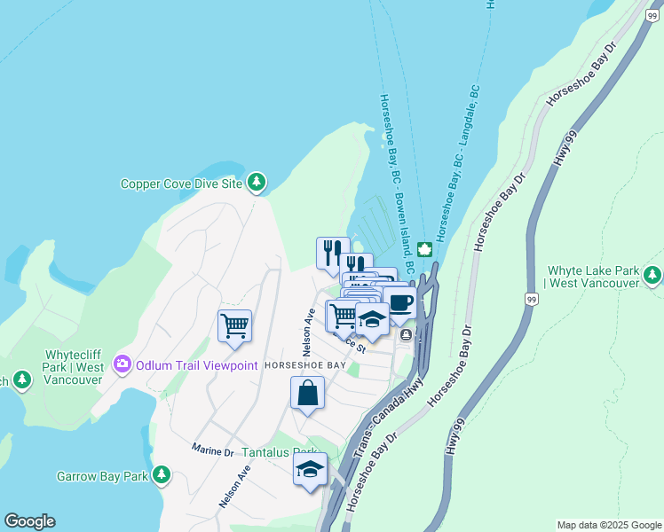 map of restaurants, bars, coffee shops, grocery stores, and more near 6707 Nelson Avenue in West Vancouver
