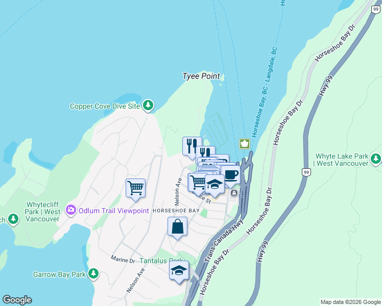 map of restaurants, bars, coffee shops, grocery stores, and more near 6697 Nelson Avenue in West Vancouver
