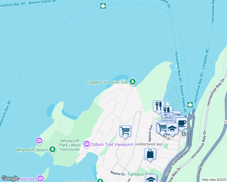 map of restaurants, bars, coffee shops, grocery stores, and more near Isleview Road in West Vancouver