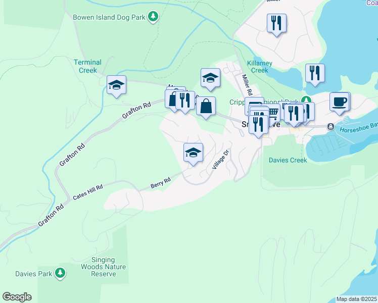 map of restaurants, bars, coffee shops, grocery stores, and more near 931 Rivendell Drive in Bowen Island