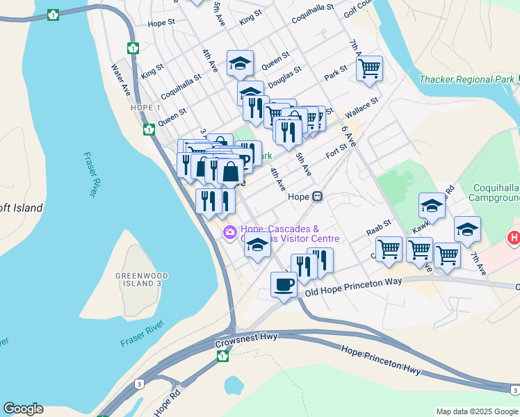 map of restaurants, bars, coffee shops, grocery stores, and more near 325 Hudson Bay Street in Hope