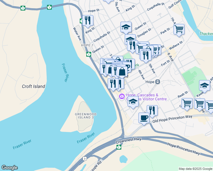 map of restaurants, bars, coffee shops, grocery stores, and more near Trans-Canada Highway in Hope