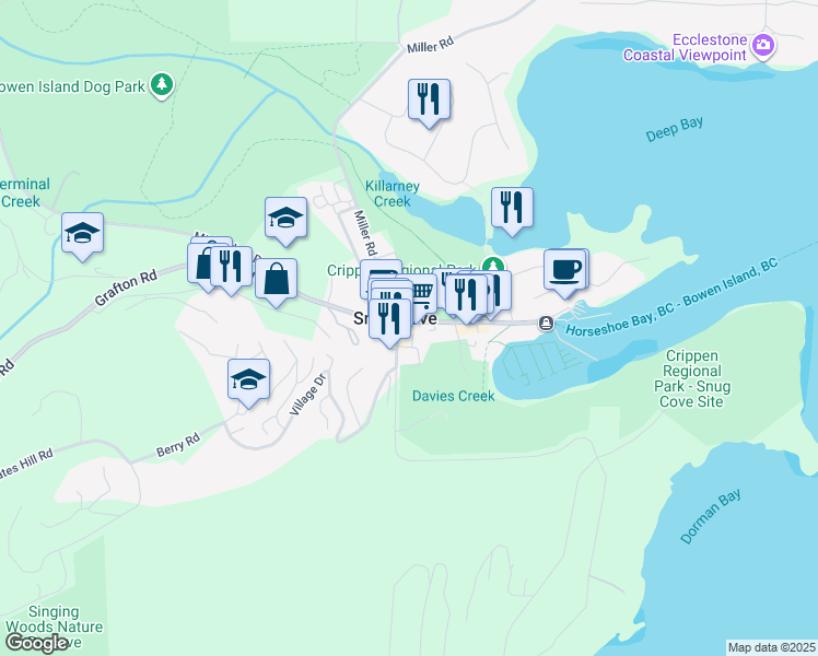 map of restaurants, bars, coffee shops, grocery stores, and more near 475 Bowen Island Trunk Road in Bowen Island