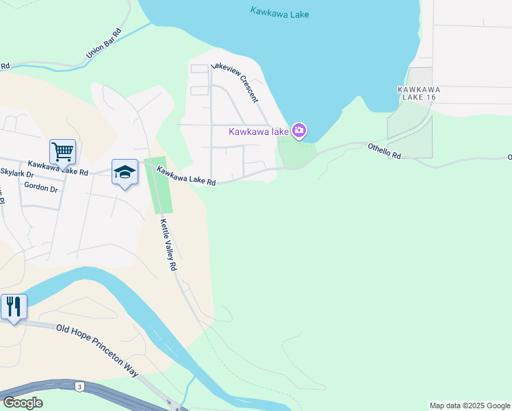 map of restaurants, bars, coffee shops, grocery stores, and more near 66026 Kawkawa Lake Road in Hope