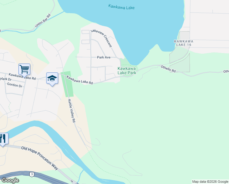 map of restaurants, bars, coffee shops, grocery stores, and more near 66026 Kawkawa Lake Road in Hope
