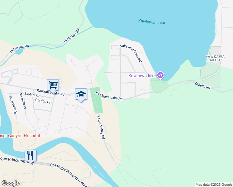 map of restaurants, bars, coffee shops, grocery stores, and more near 65897 Kawkawa Lake Road in Hope