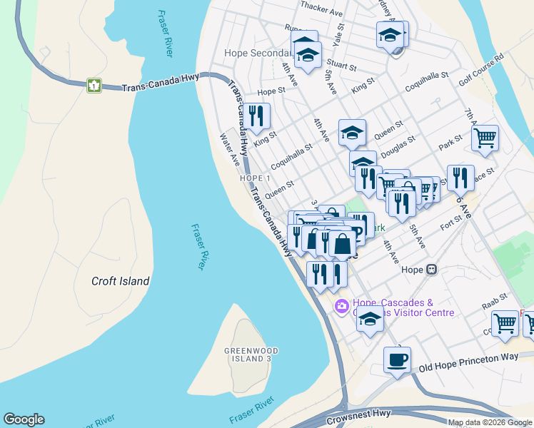 map of restaurants, bars, coffee shops, grocery stores, and more near 631 Water Avenue in Hope