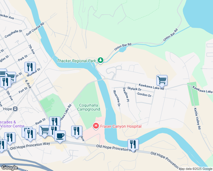 map of restaurants, bars, coffee shops, grocery stores, and more near 65366 Kawkawa Lake Road in Hope