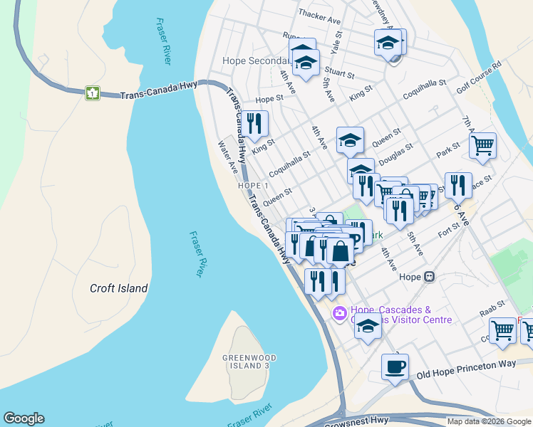 map of restaurants, bars, coffee shops, grocery stores, and more near 621 Water Avenue in Hope