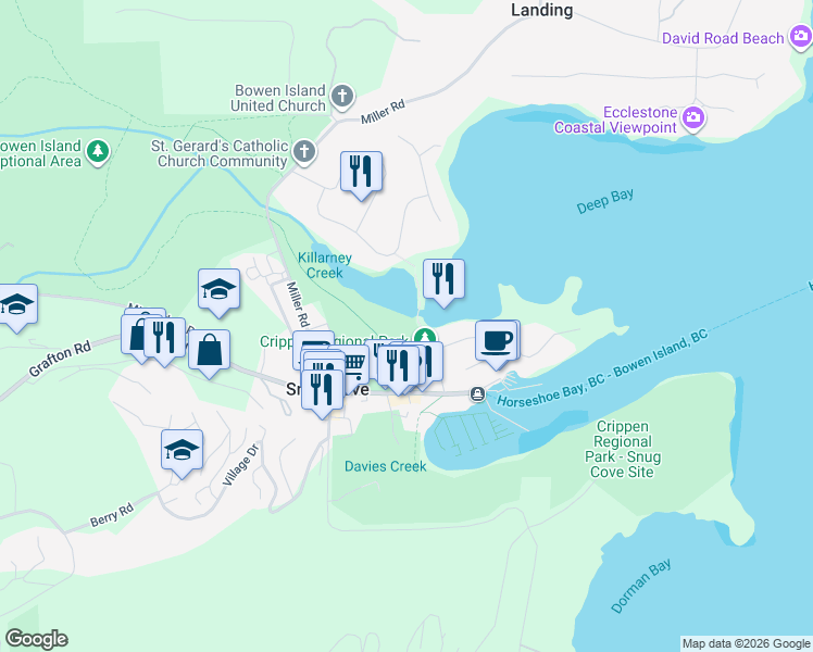 map of restaurants, bars, coffee shops, grocery stores, and more near 443 Bowen Island Trunk Road in Bowen Island