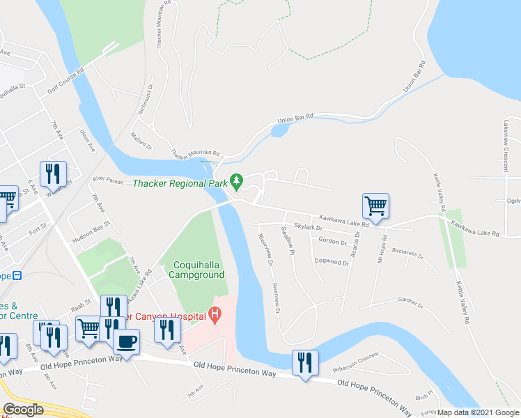 map of restaurants, bars, coffee shops, grocery stores, and more near 65366 Kawkawa Lake Road in Hope