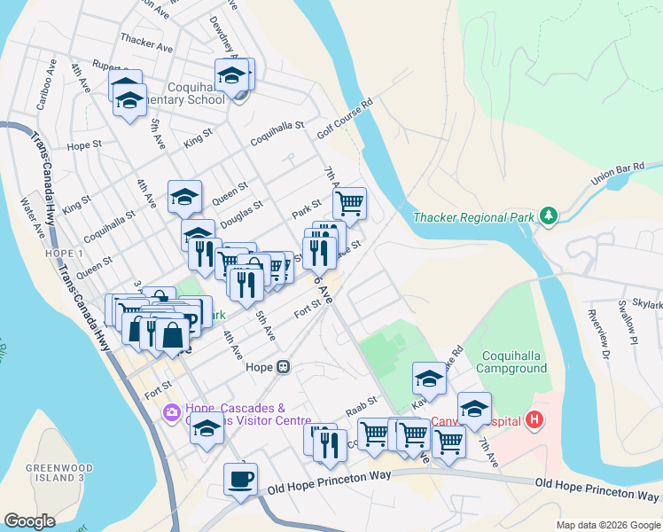 map of restaurants, bars, coffee shops, grocery stores, and more near 828 6 Avenue in Hope