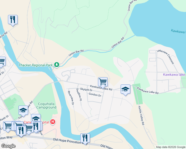 map of restaurants, bars, coffee shops, grocery stores, and more near 65367 Kawkawa Lake Road in Hope