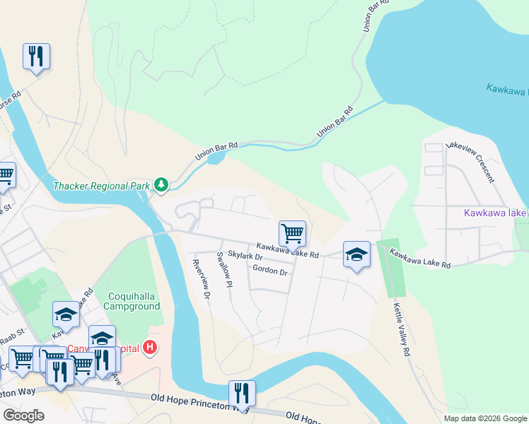 map of restaurants, bars, coffee shops, grocery stores, and more near 65367 Kawkawa Lake Road in Hope