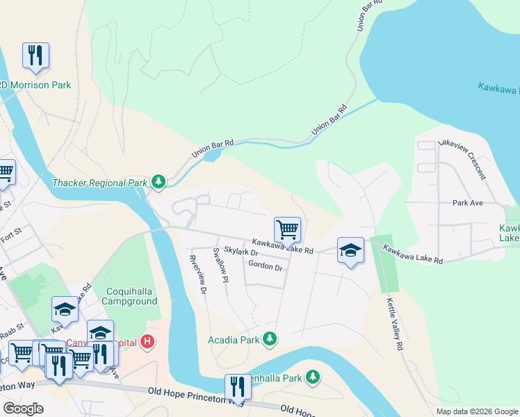 map of restaurants, bars, coffee shops, grocery stores, and more near 65367 Kawkawa Lake Road in Hope