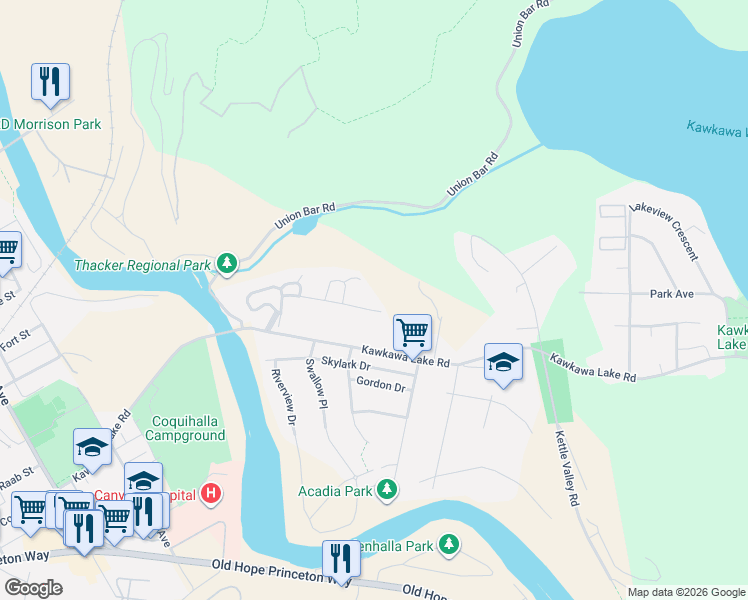 map of restaurants, bars, coffee shops, grocery stores, and more near 65367 Kawkawa Lake Road in Hope