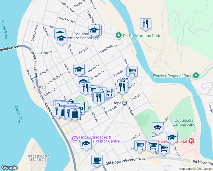 map of restaurants, bars, coffee shops, grocery stores, and more near 574 Park Street in Hope