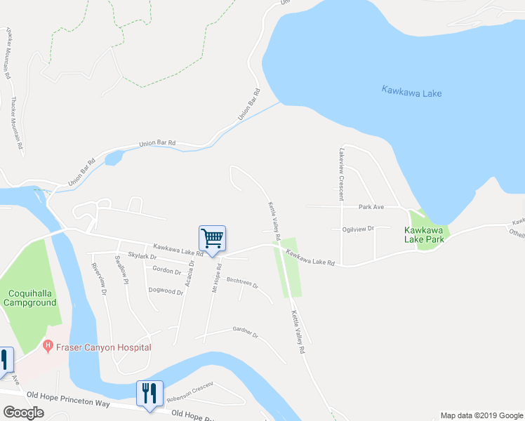 map of restaurants, bars, coffee shops, grocery stores, and more near 21175 Kettle Valley Road in Hope