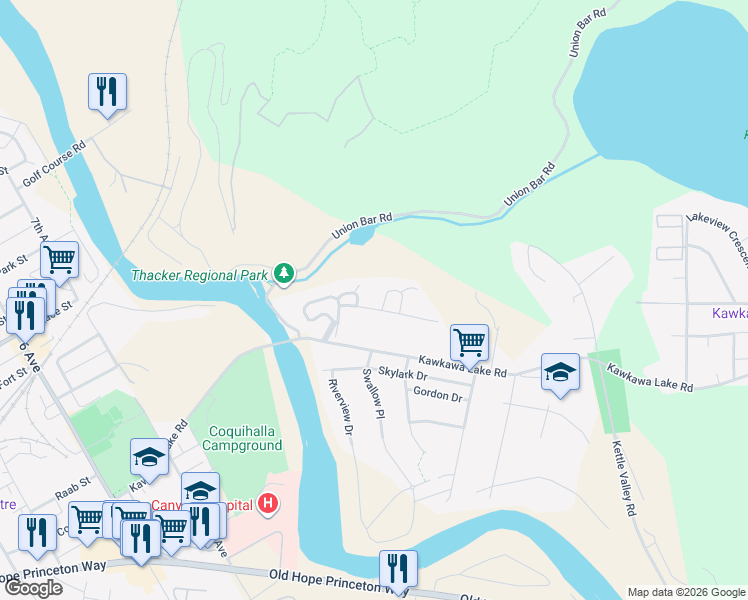 map of restaurants, bars, coffee shops, grocery stores, and more near 65367 Kawkawa Lake Road in Hope