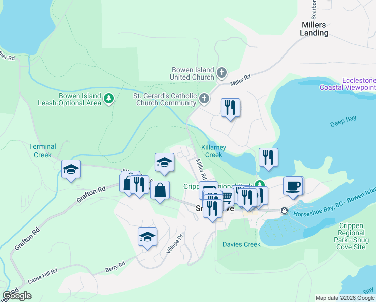 map of restaurants, bars, coffee shops, grocery stores, and more near 1108 Foxglove Lane in Bowen Island