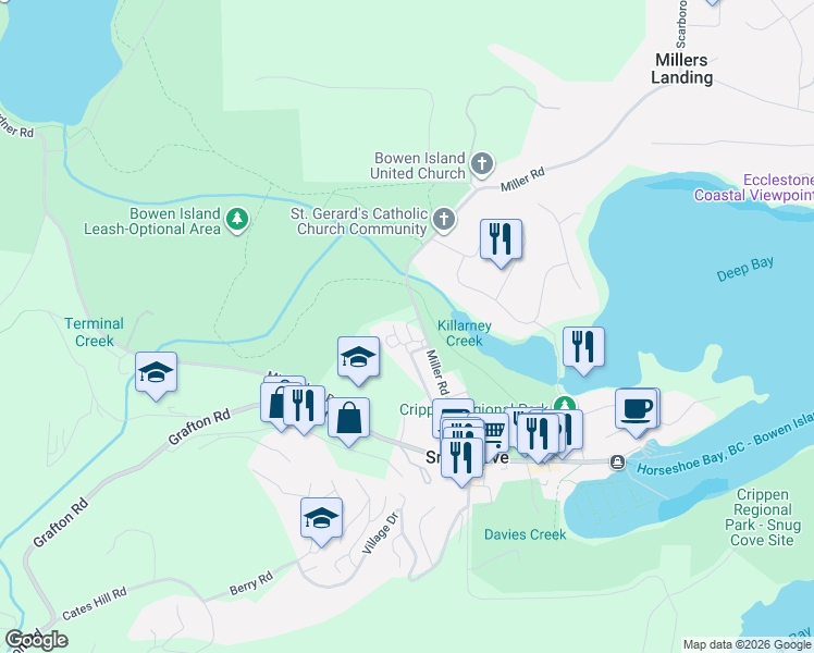 map of restaurants, bars, coffee shops, grocery stores, and more near 1108 Foxglove Lane in Bowen Island
