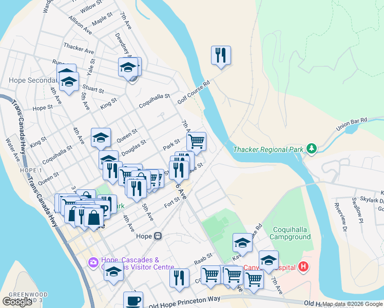 map of restaurants, bars, coffee shops, grocery stores, and more near Ogilvie Street in Hope