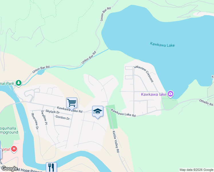 map of restaurants, bars, coffee shops, grocery stores, and more near 21175 Kettle Valley Road in Hope