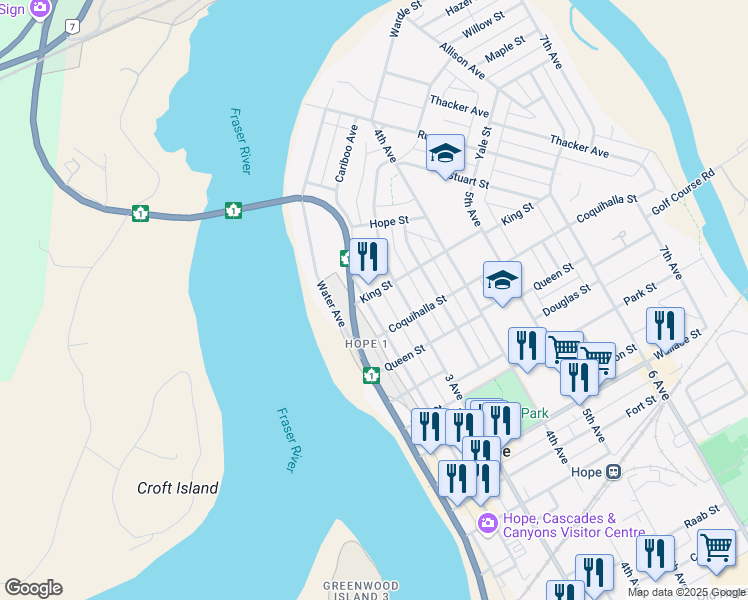 map of restaurants, bars, coffee shops, grocery stores, and more near 509 Fraser Avenue in Hope