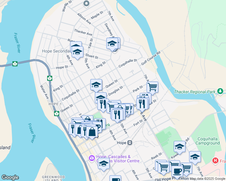 map of restaurants, bars, coffee shops, grocery stores, and more near 539 Douglas Street in Hope