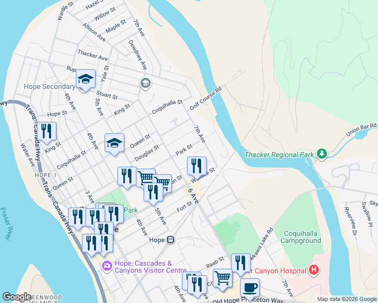 map of restaurants, bars, coffee shops, grocery stores, and more near 650 Park Street in Hope