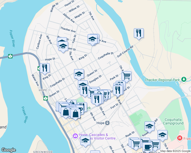 map of restaurants, bars, coffee shops, grocery stores, and more near 563 Douglas Street in Hope