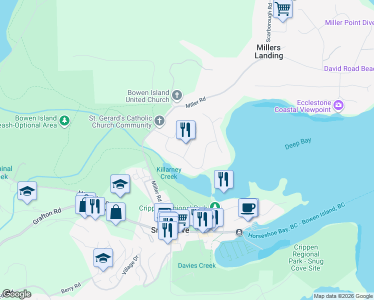 map of restaurants, bars, coffee shops, grocery stores, and more near 1104 Lenora Rd in Bowen Island