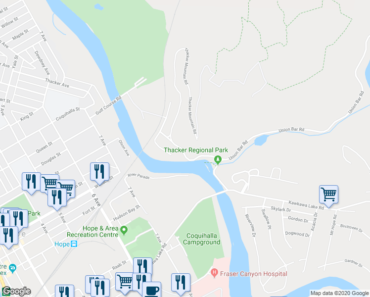 map of restaurants, bars, coffee shops, grocery stores, and more near 21213 Thacker Mountain Road in Hope