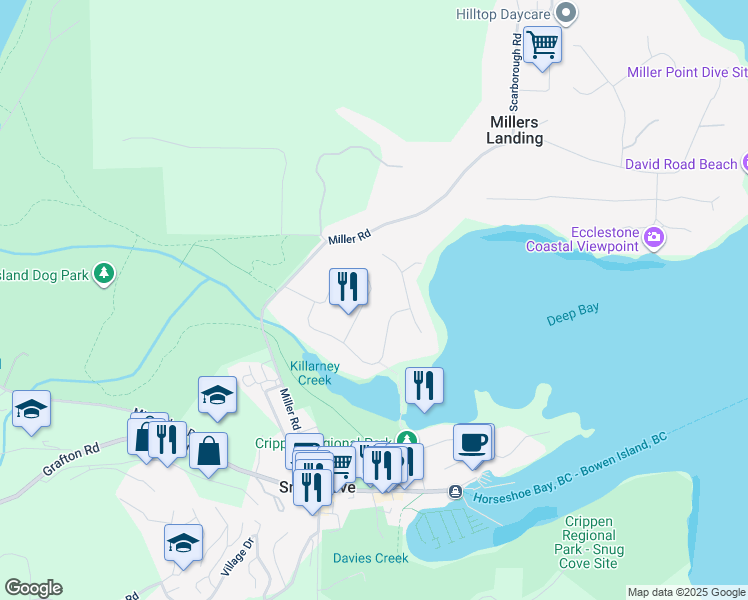 map of restaurants, bars, coffee shops, grocery stores, and more near 1115 Lenora Road in Bowen Island