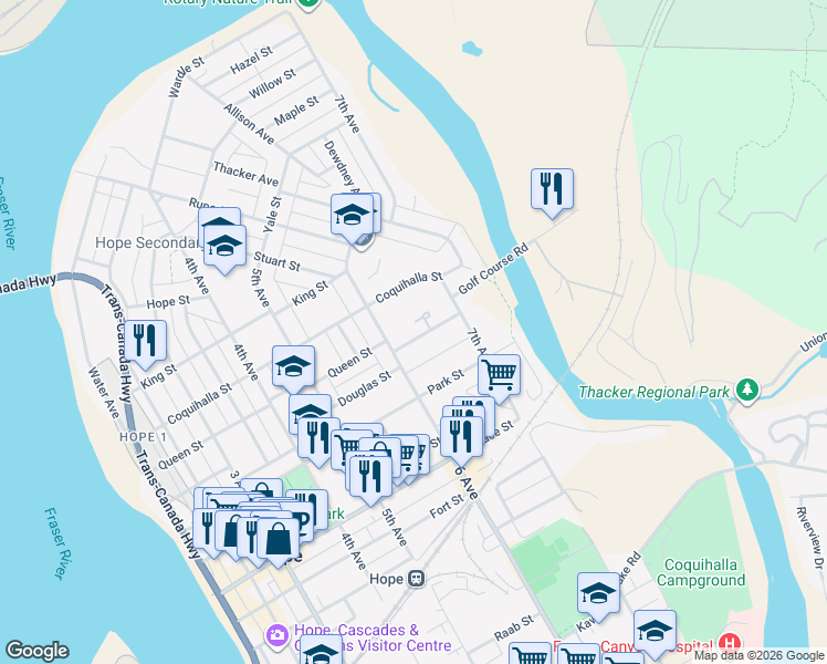 map of restaurants, bars, coffee shops, grocery stores, and more near 633 Douglas Street in Hope