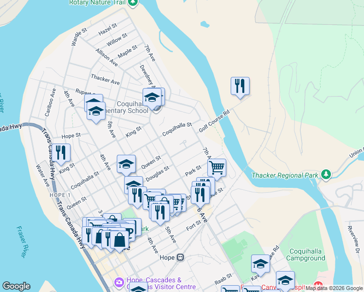 map of restaurants, bars, coffee shops, grocery stores, and more near 659 Douglas Street in Hope