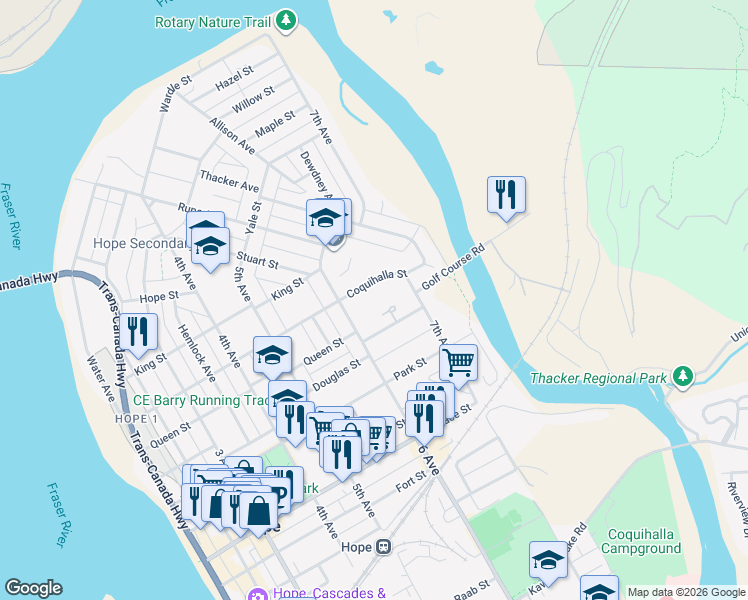 map of restaurants, bars, coffee shops, grocery stores, and more near 648 Coquihalla Street in Hope