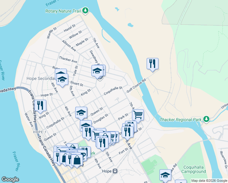 map of restaurants, bars, coffee shops, grocery stores, and more near 648 Coquihalla Street in Hope