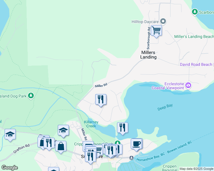 map of restaurants, bars, coffee shops, grocery stores, and more near 1137 Miller Road in Bowen Island