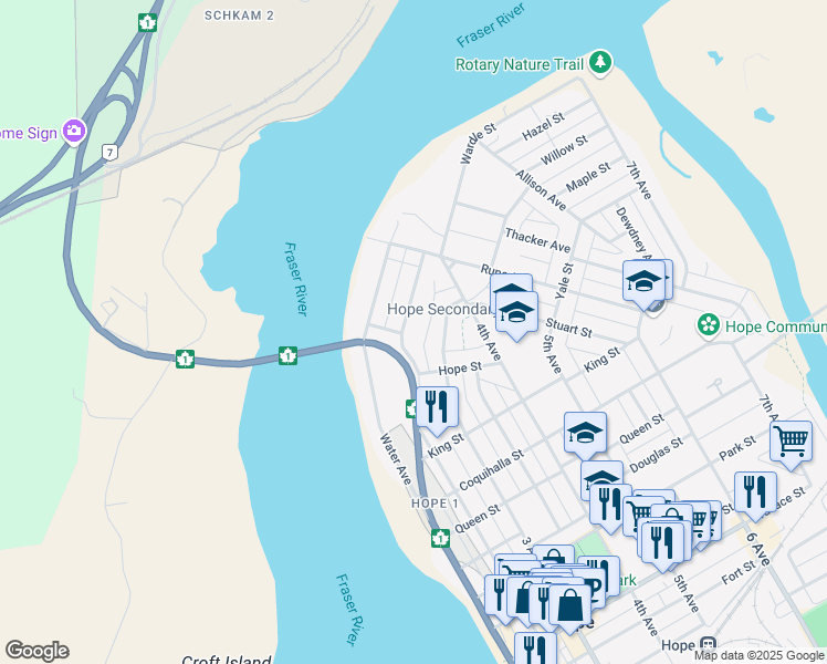 map of restaurants, bars, coffee shops, grocery stores, and more near 281 Cariboo Avenue in Hope