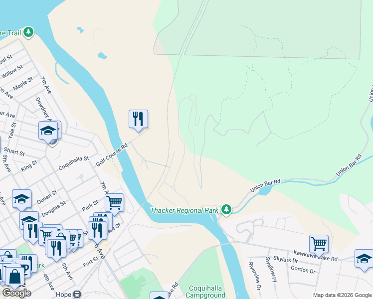 map of restaurants, bars, coffee shops, grocery stores, and more near 21557 Thacker Mountain Road in Hope