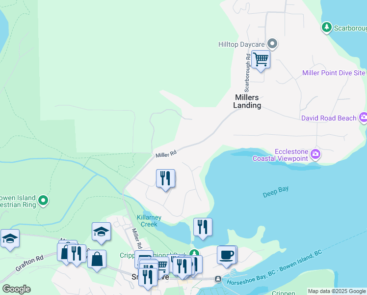 map of restaurants, bars, coffee shops, grocery stores, and more near 1144 Miller Road in Bowen Island
