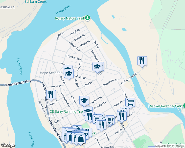 map of restaurants, bars, coffee shops, grocery stores, and more near 580 Rupert Street in Hope