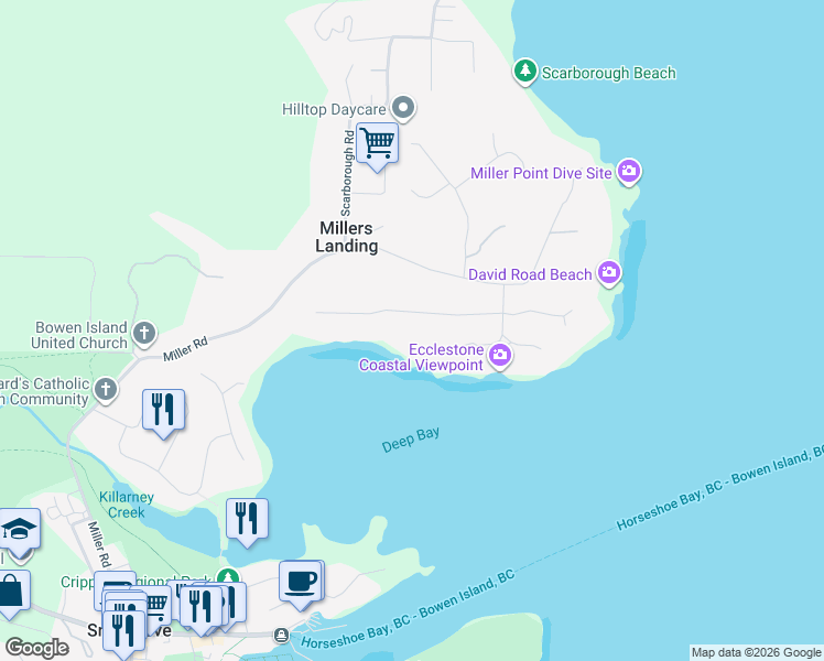 map of restaurants, bars, coffee shops, grocery stores, and more near 345 David Road in Bowen Island