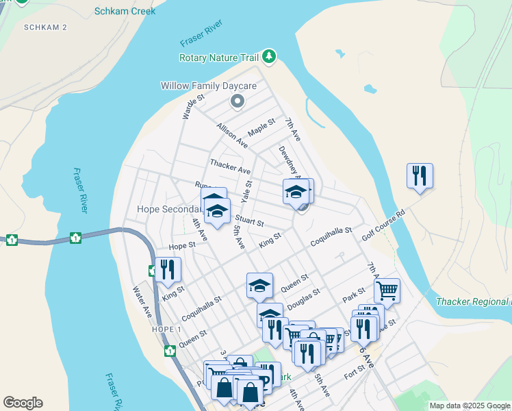 map of restaurants, bars, coffee shops, grocery stores, and more near 524 Rupert Street in Hope