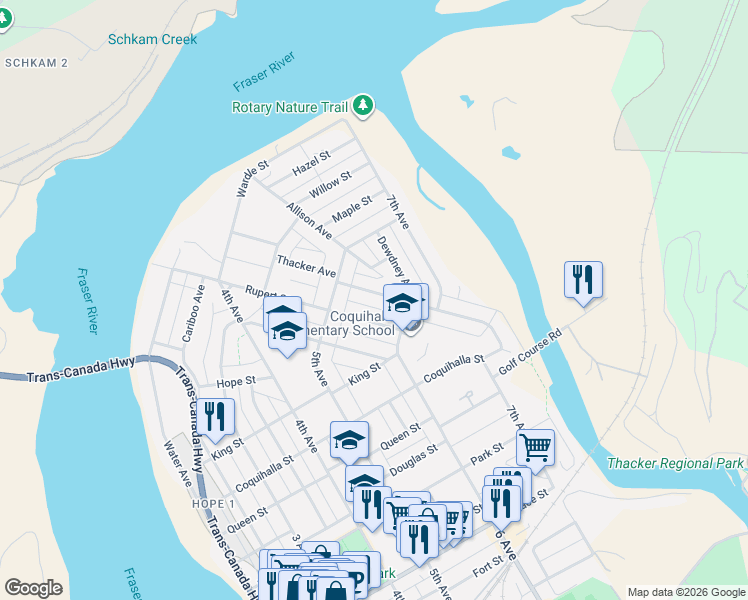 map of restaurants, bars, coffee shops, grocery stores, and more near 578 Thacker Avenue in Hope